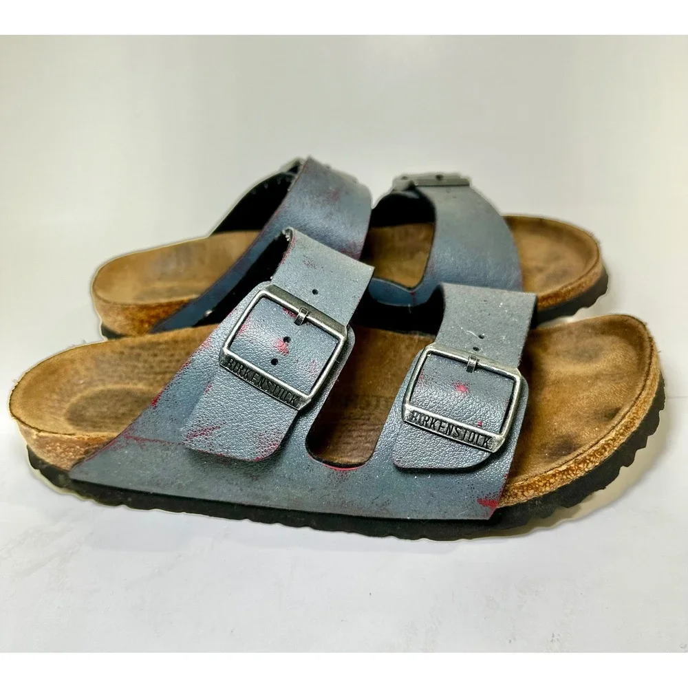 Birkenstock Arizona Sandals Distressed Blue Red Two Strap Slides approx 39